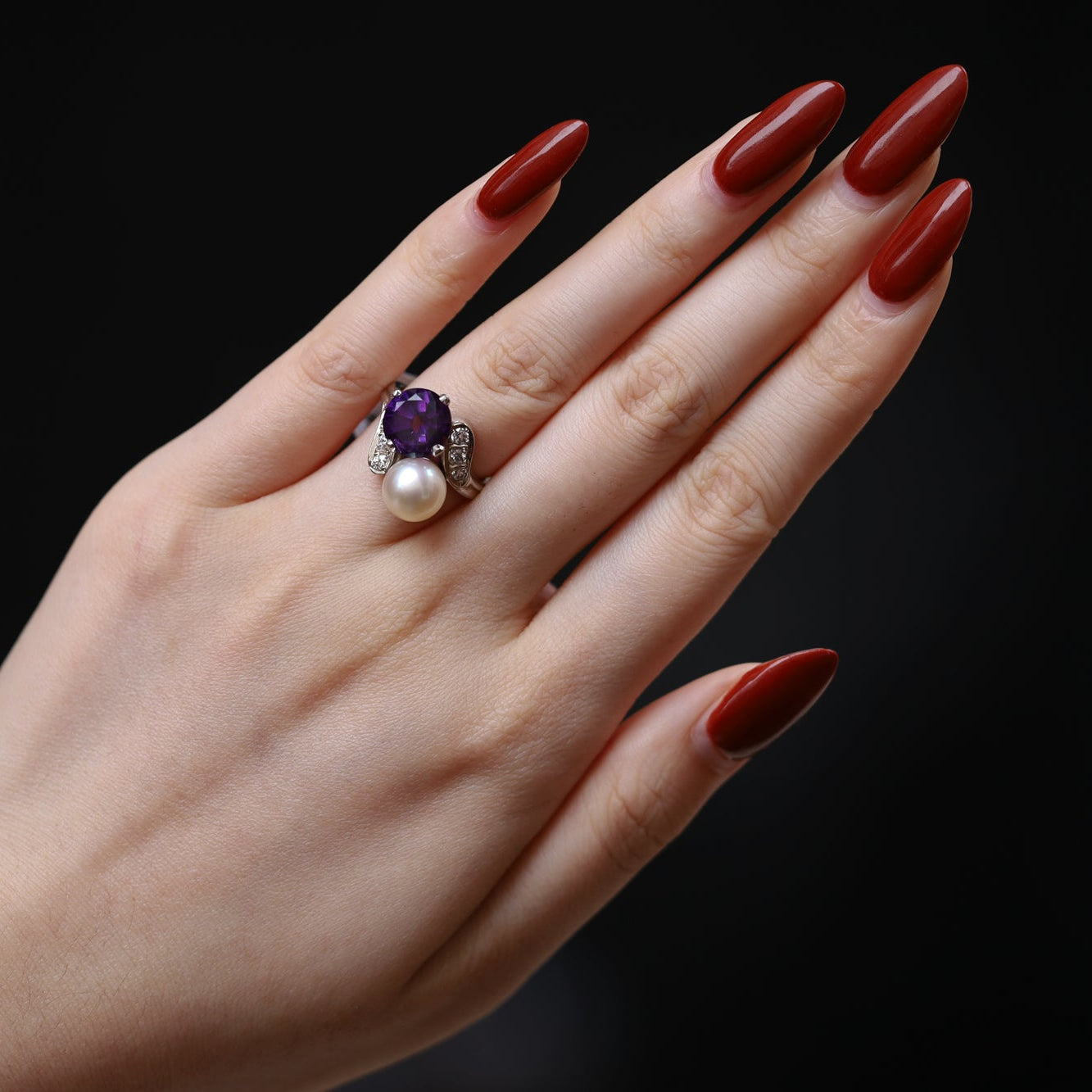 Art Deco Amethyst and Pearl Toi Et Moi Engagement Ring