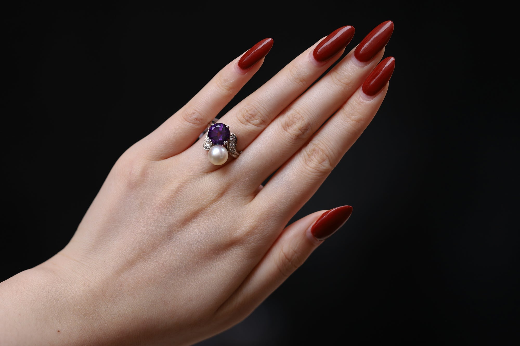 Art Deco Amethyst and Pearl Toi Et Moi Engagement Ring
