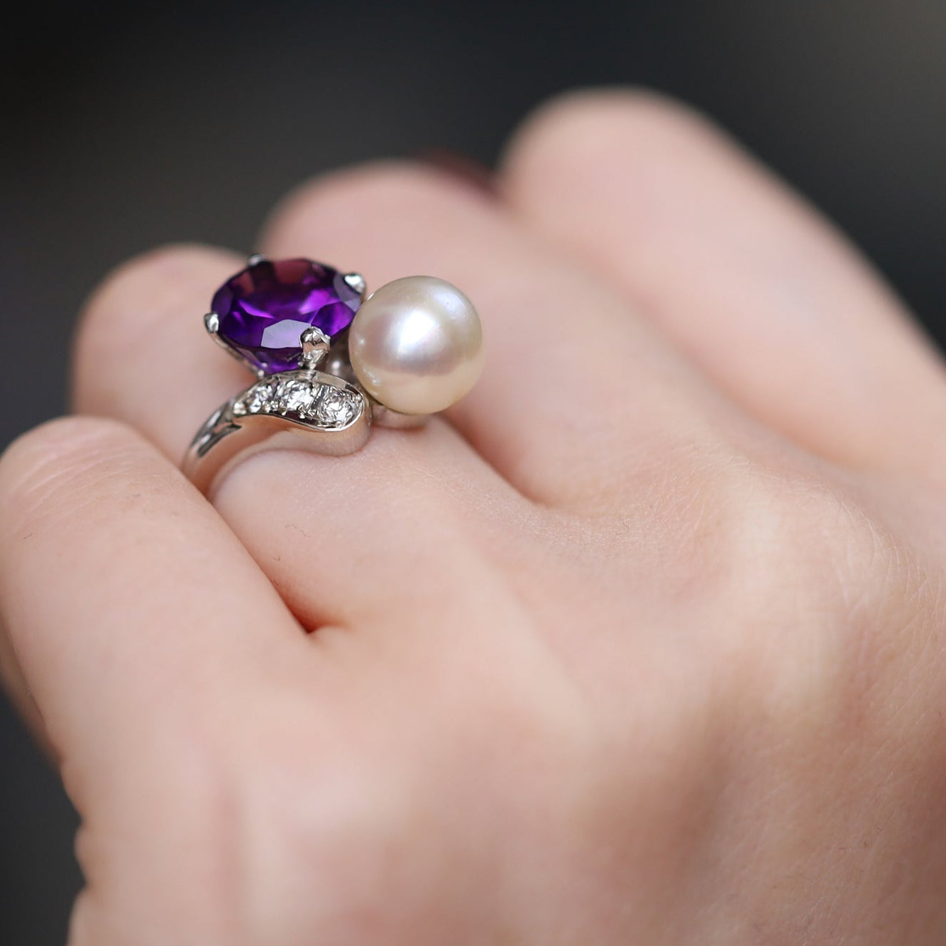 Art Deco Amethyst and Pearl Toi Et Moi Engagement Ring