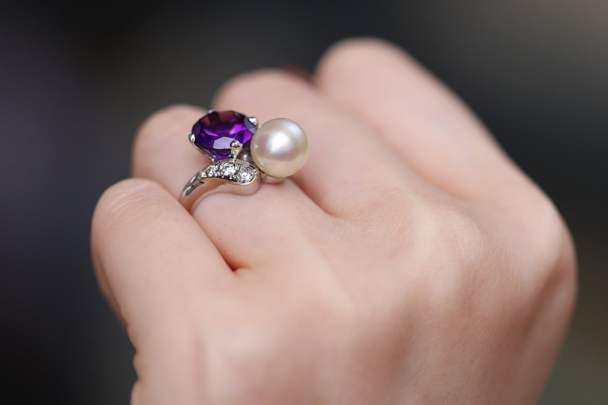 Art Deco Amethyst and Pearl Toi Et Moi Engagement Ring