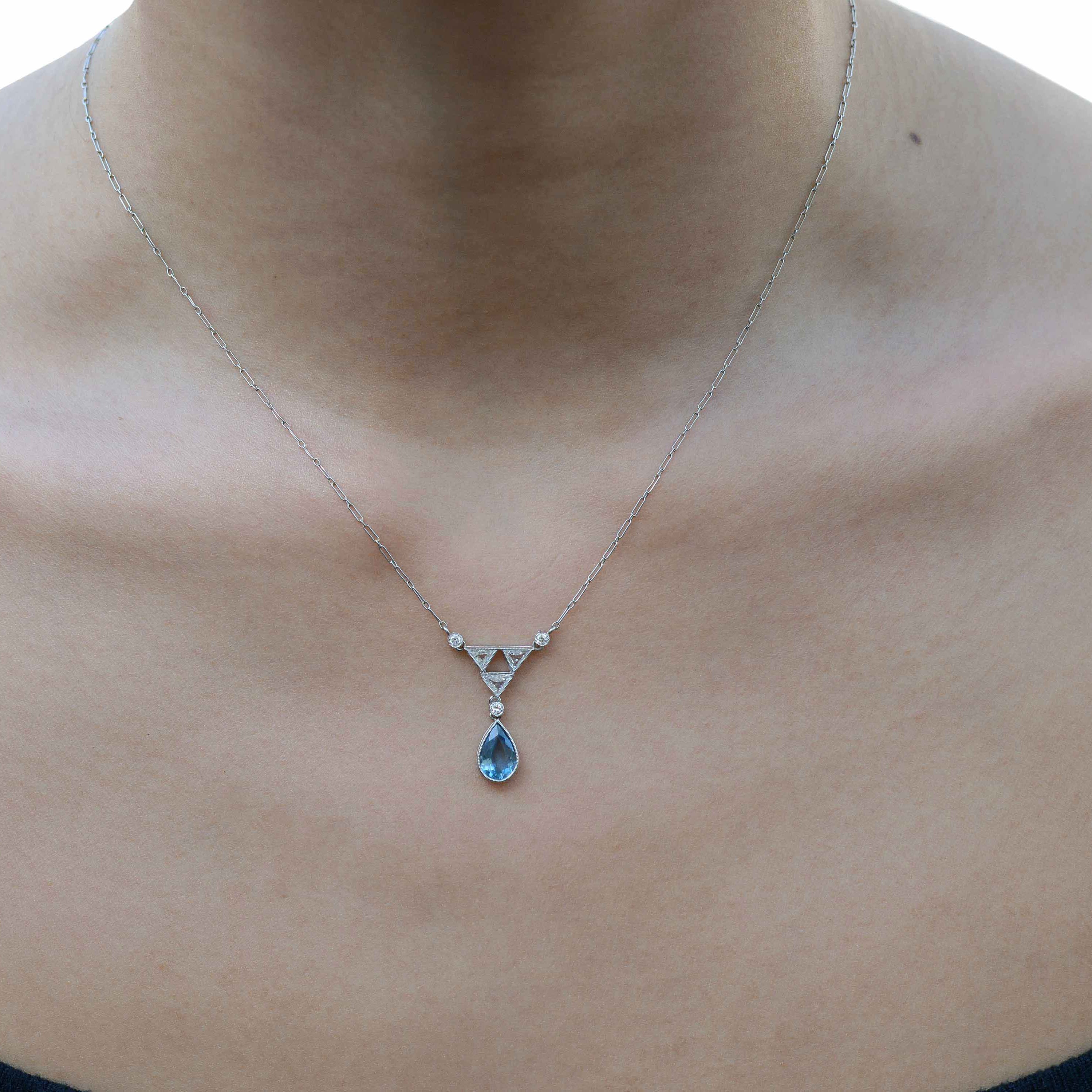 Art Deco Aquamarine Diamond Drop Necklace