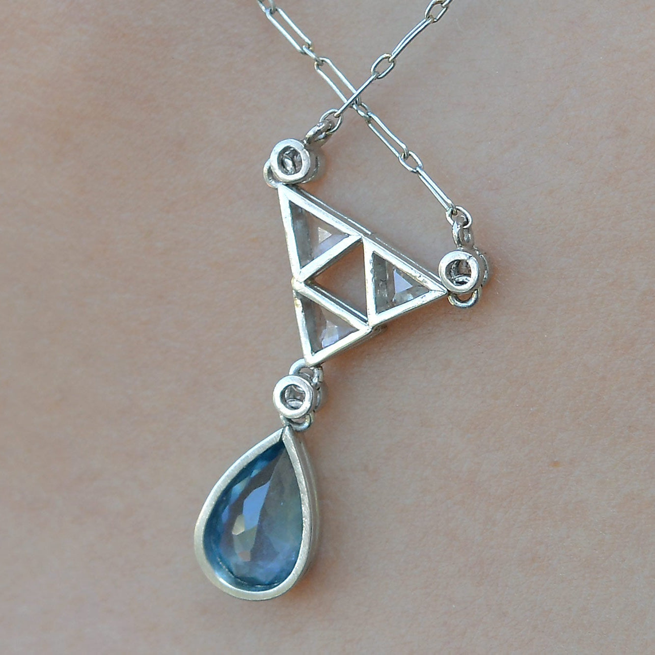 Art Deco Aquamarine Diamond Drop Necklace