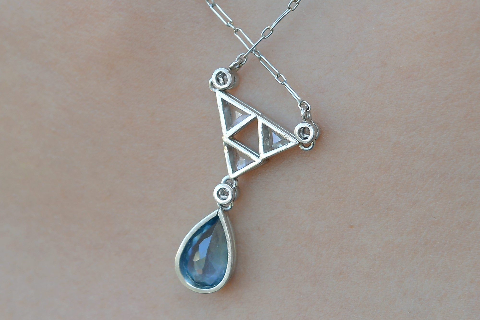 Art Deco Aquamarine Diamond Drop Necklace
