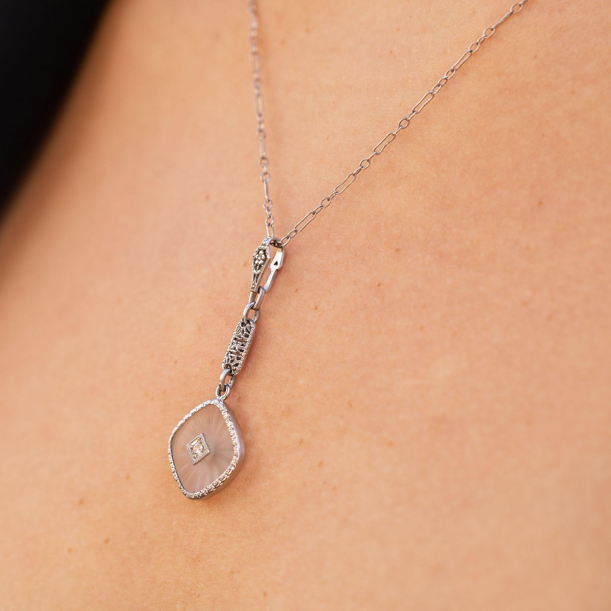 Art Deco Rock Crystal Quartz and Diamond Pendant Necklace
