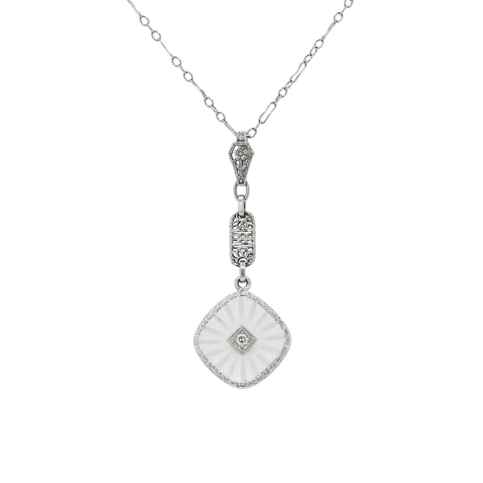 Art Deco Rock Crystal Quartz and Diamond Pendant Necklace