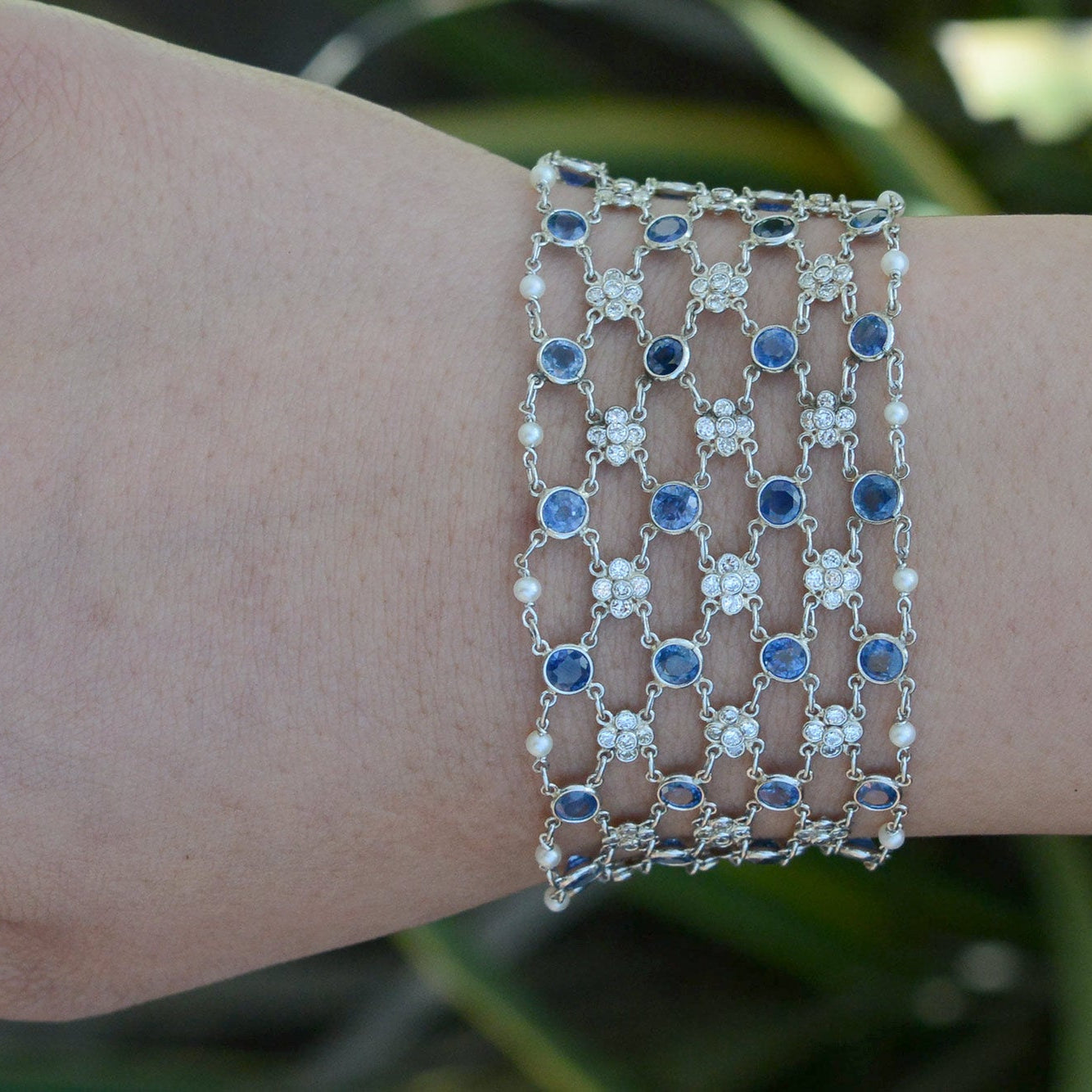 Art Deco Diamond Sapphire Platinum Mesh Bracelet