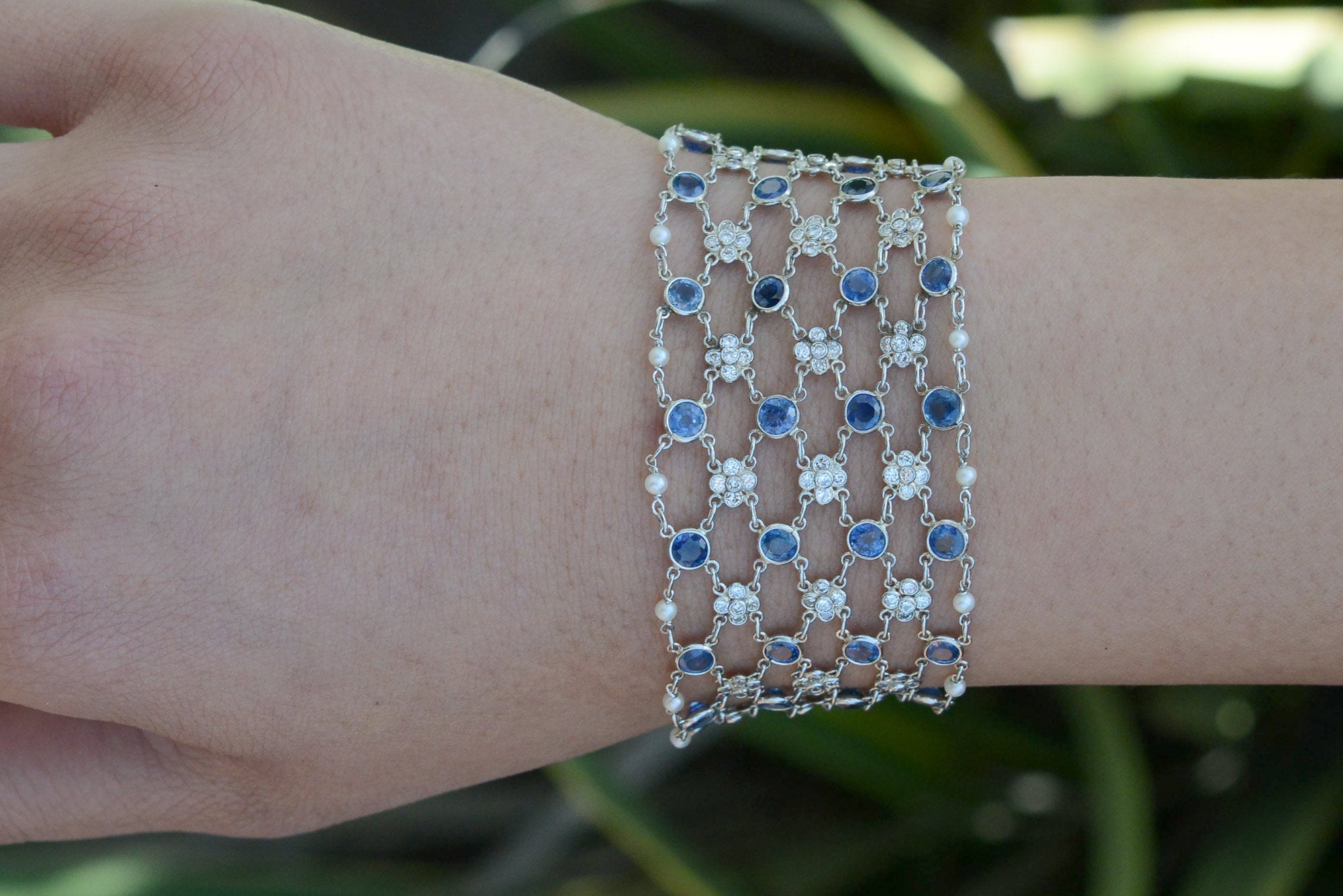 Art Deco Diamond Sapphire Platinum Mesh Bracelet