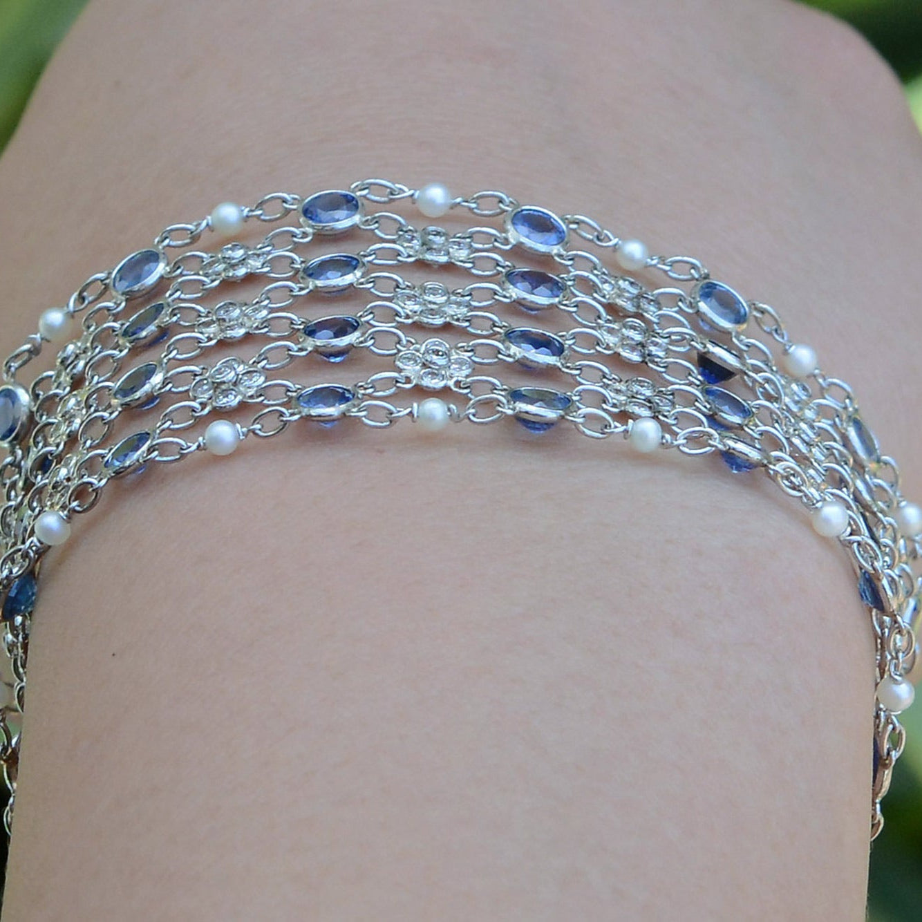 Art Deco Diamond Sapphire Platinum Mesh Bracelet
