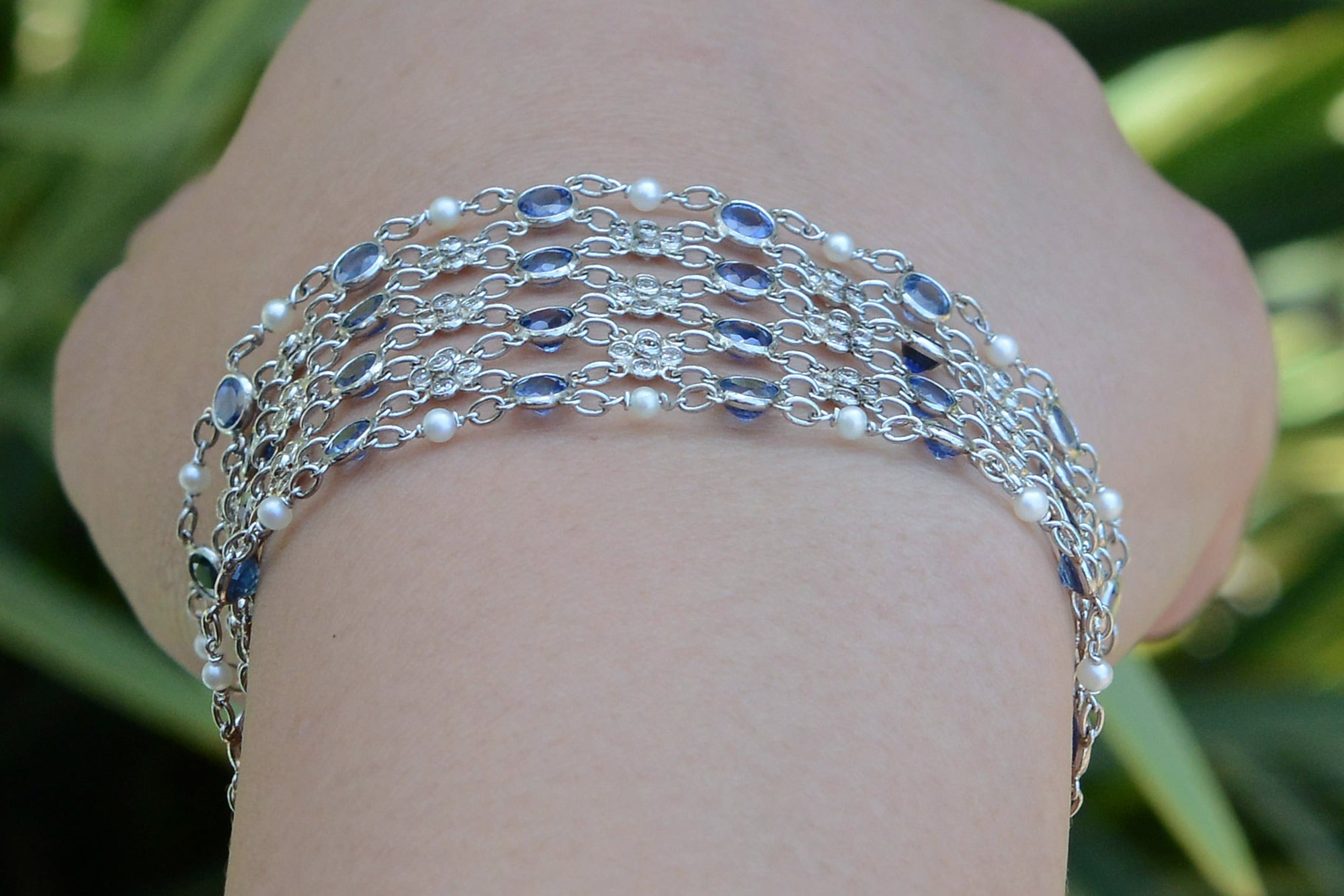 Art Deco Diamond Sapphire Platinum Mesh Bracelet