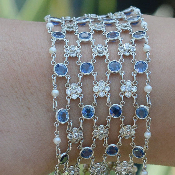 Art Deco Diamond Sapphire Platinum Mesh Bracelet