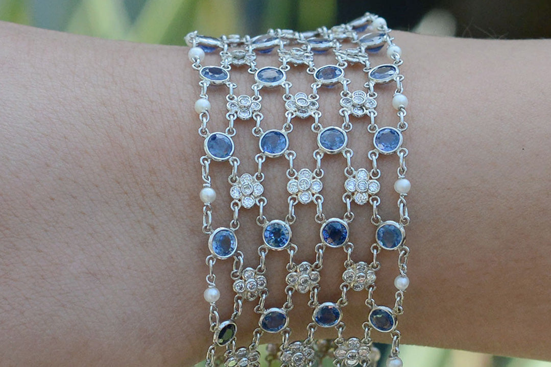 Art Deco Diamond Sapphire Platinum Mesh Bracelet