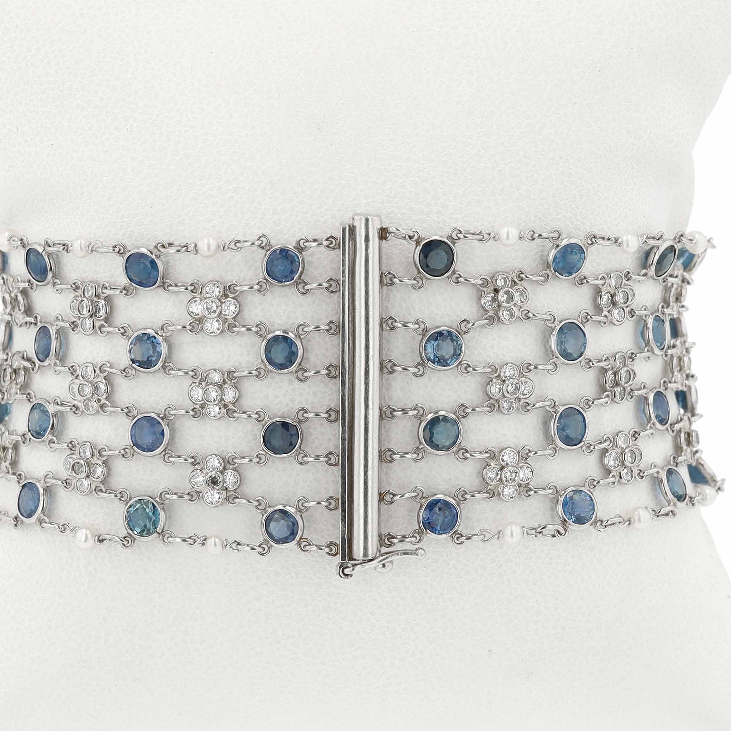 Art Deco Diamond Sapphire Platinum Mesh Bracelet