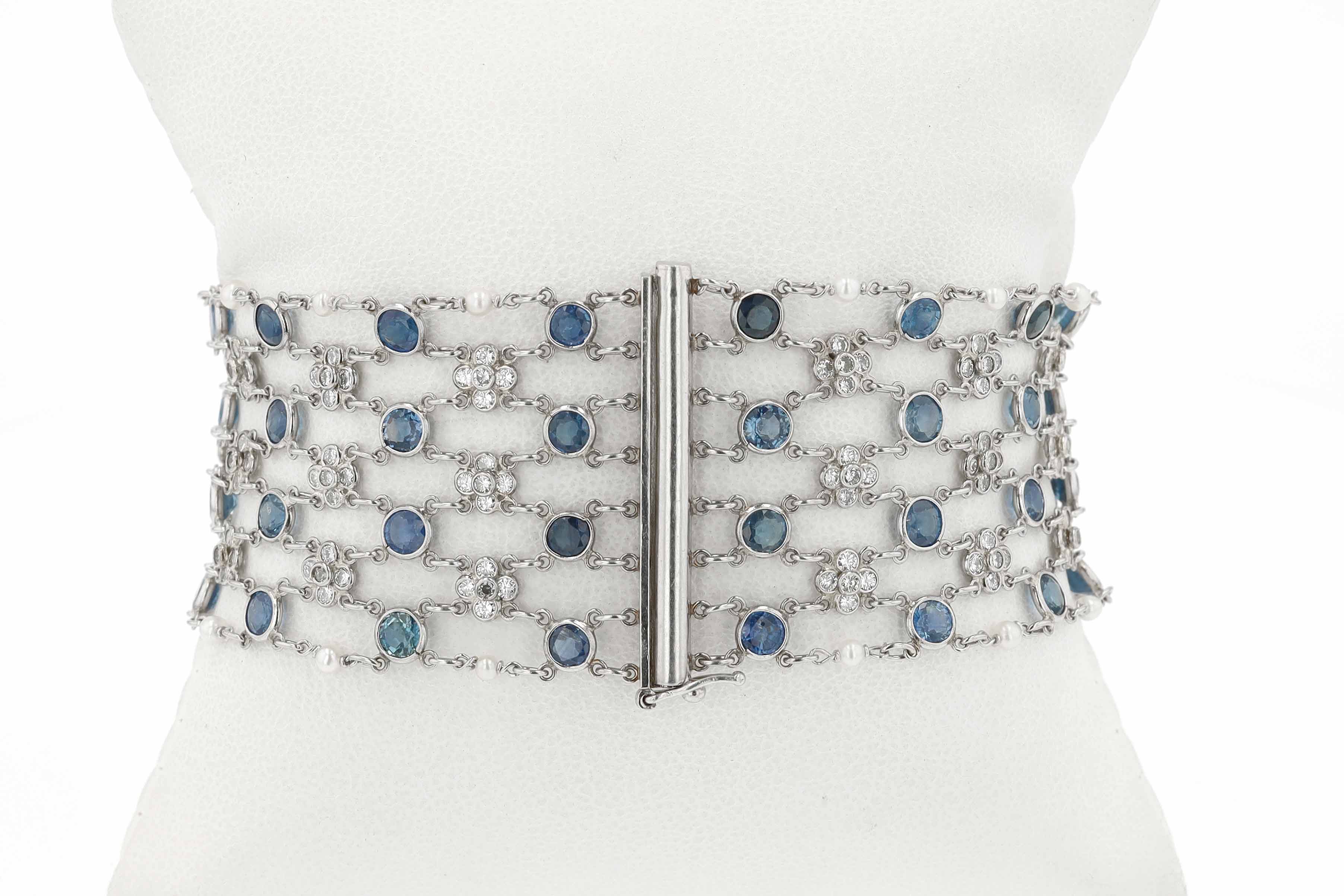 Art Deco Diamond Sapphire Platinum Mesh Bracelet