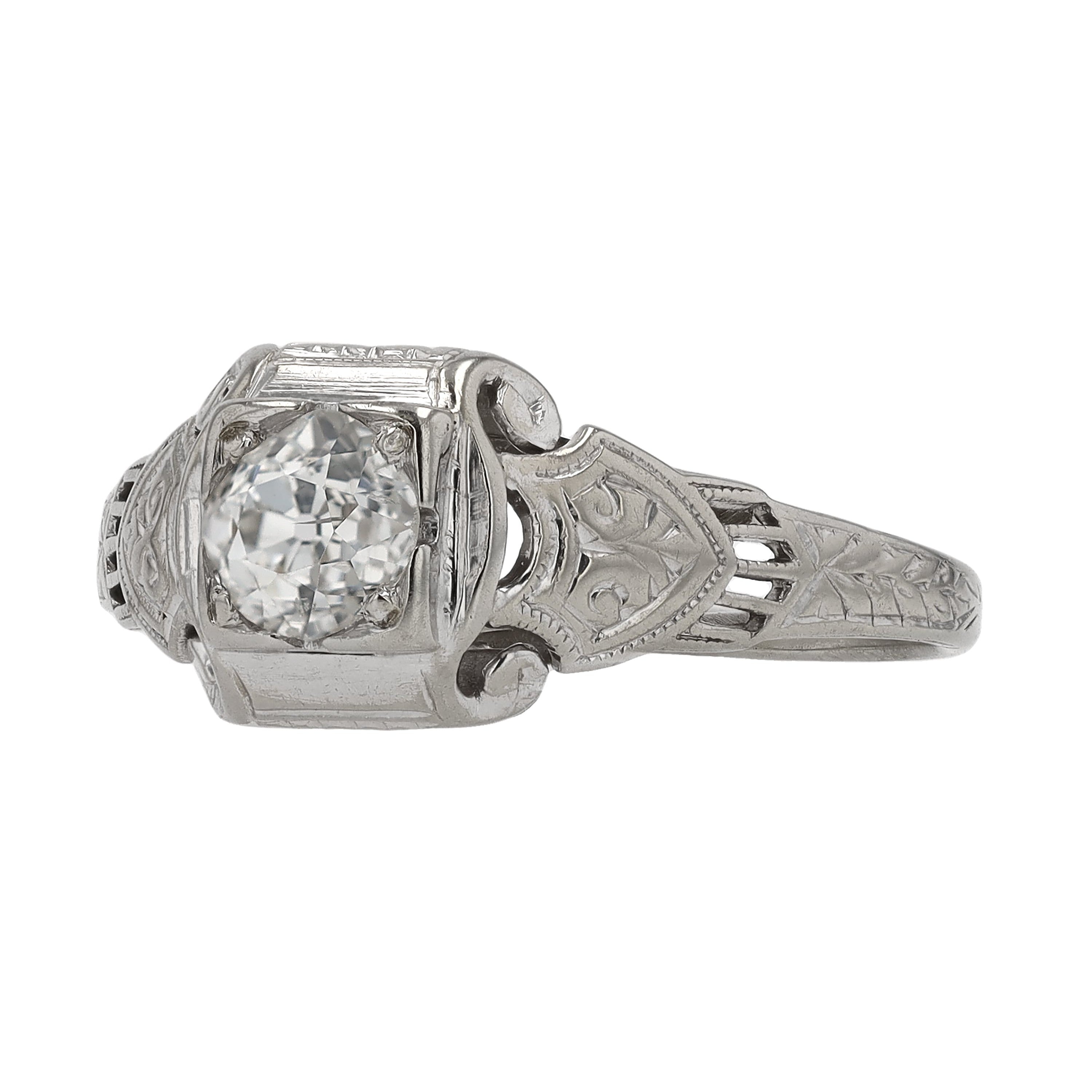 Art Deco Diamond White Gold Filigree Vintage Engagement Ring