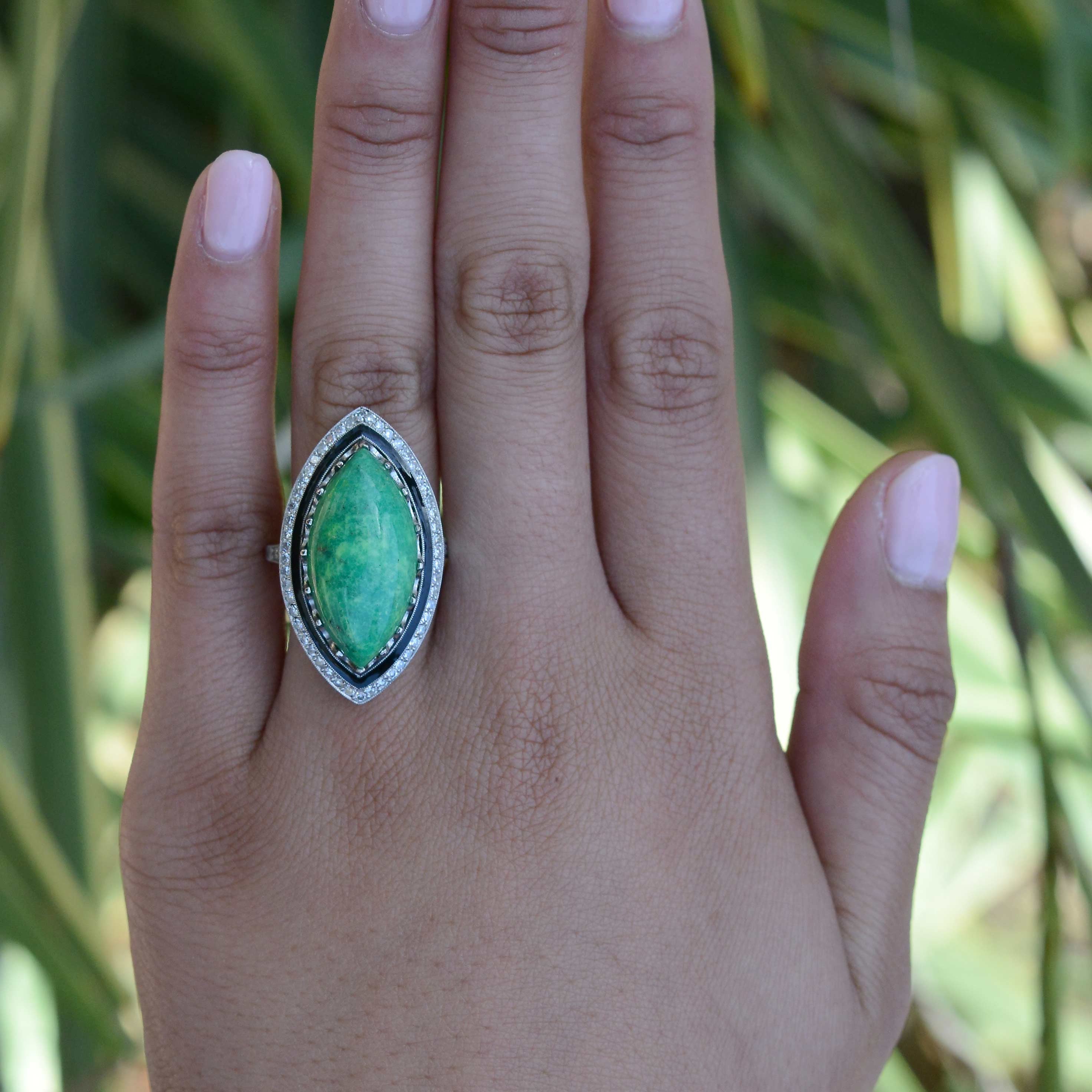 Art Deco Green Turquoise & Enamel Diamond Cocktail Ring