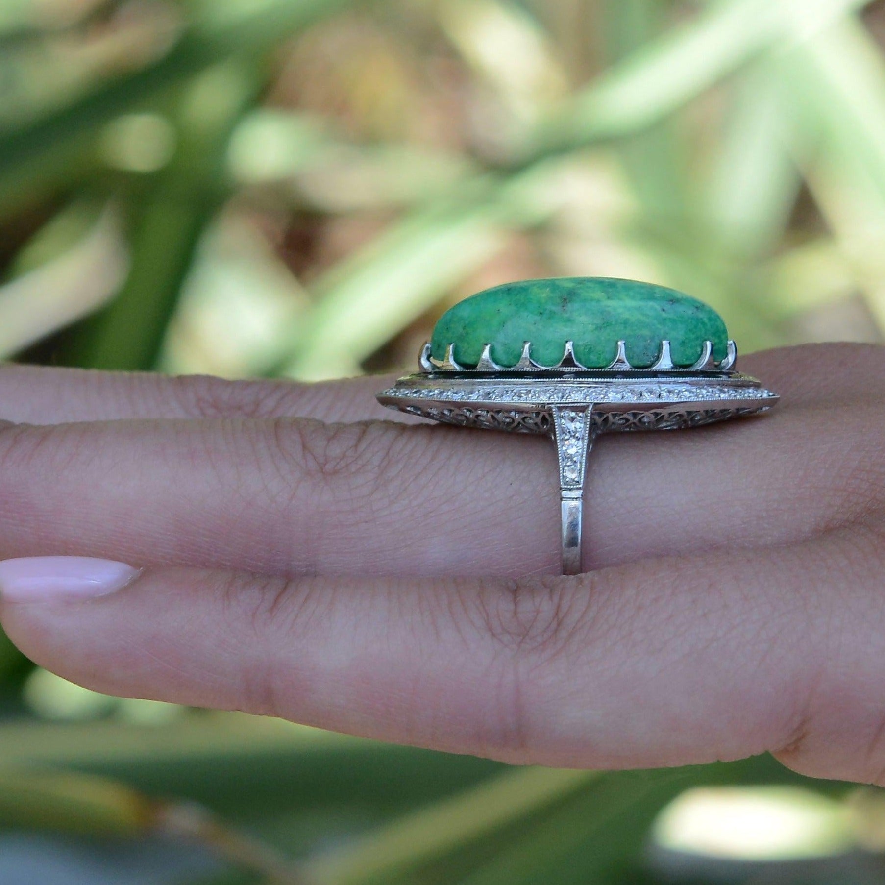 Art Deco Green Turquoise & Enamel Diamond Cocktail Ring