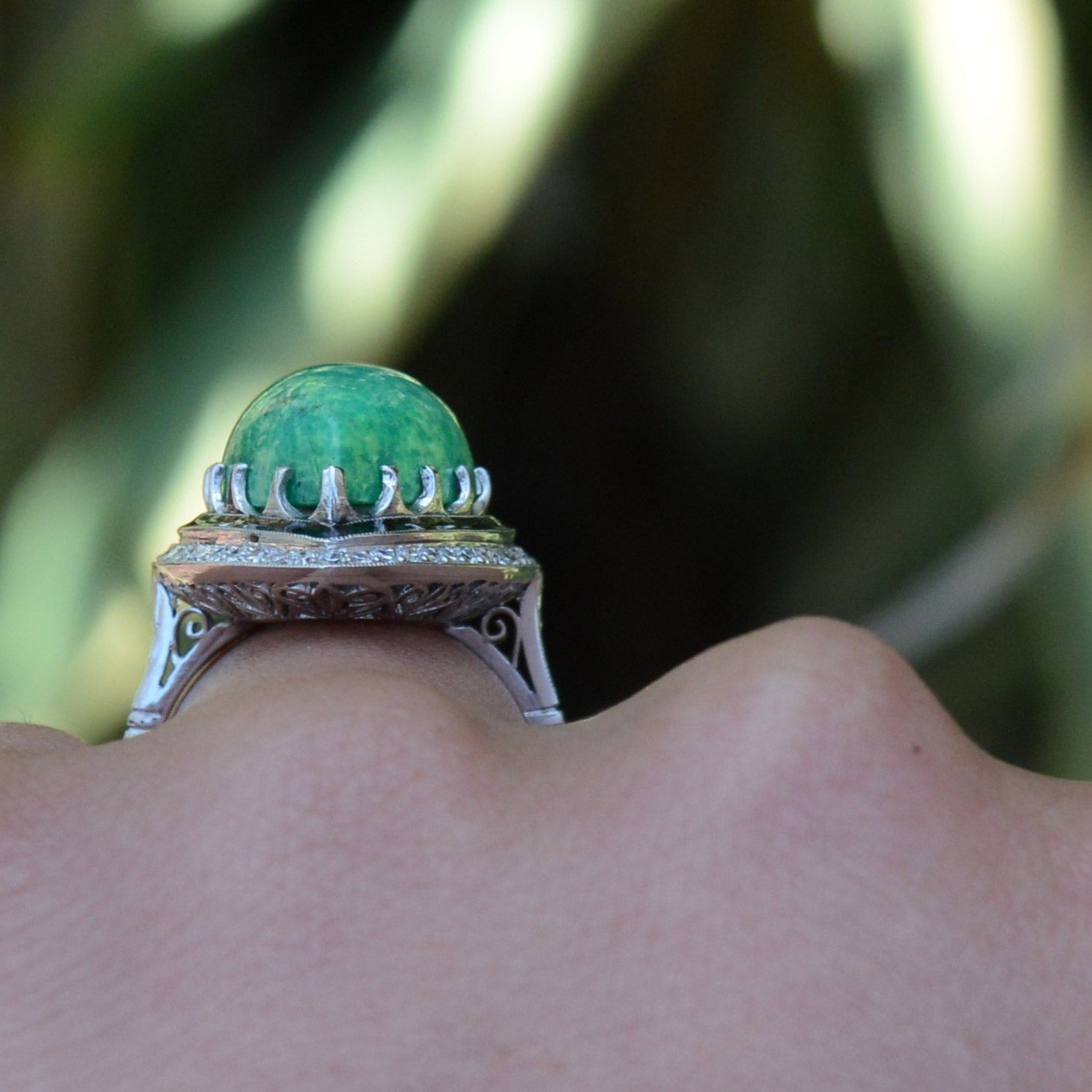 Art Deco Green Turquoise & Enamel Diamond Cocktail Ring