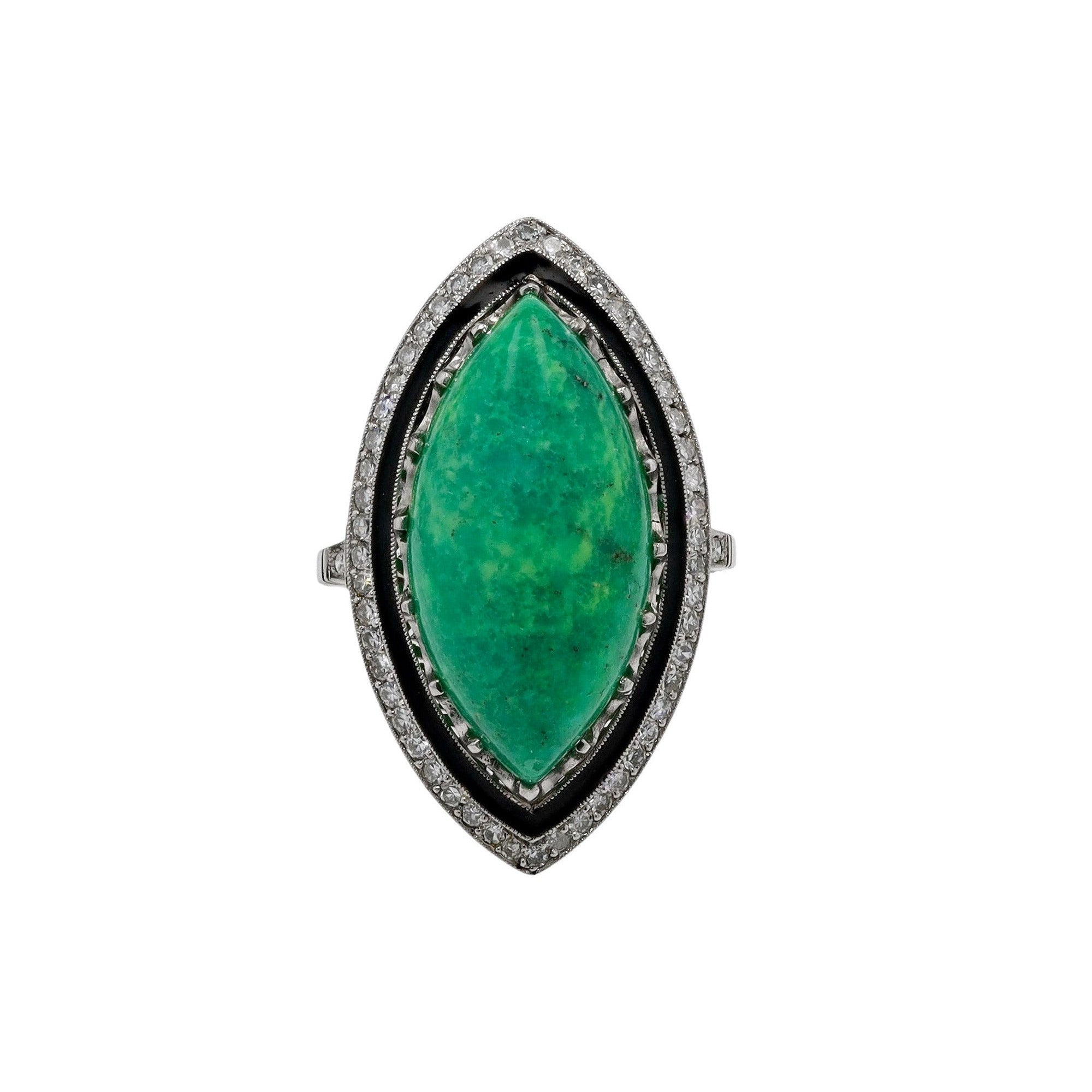 Art Deco Green Turquoise & Enamel Diamond Cocktail Ring