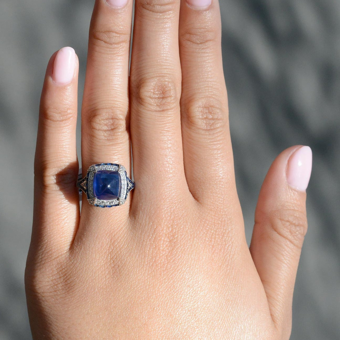 Art Deco Inspired 7 Carat Sugar Loaf Sapphire Diamond Ring
