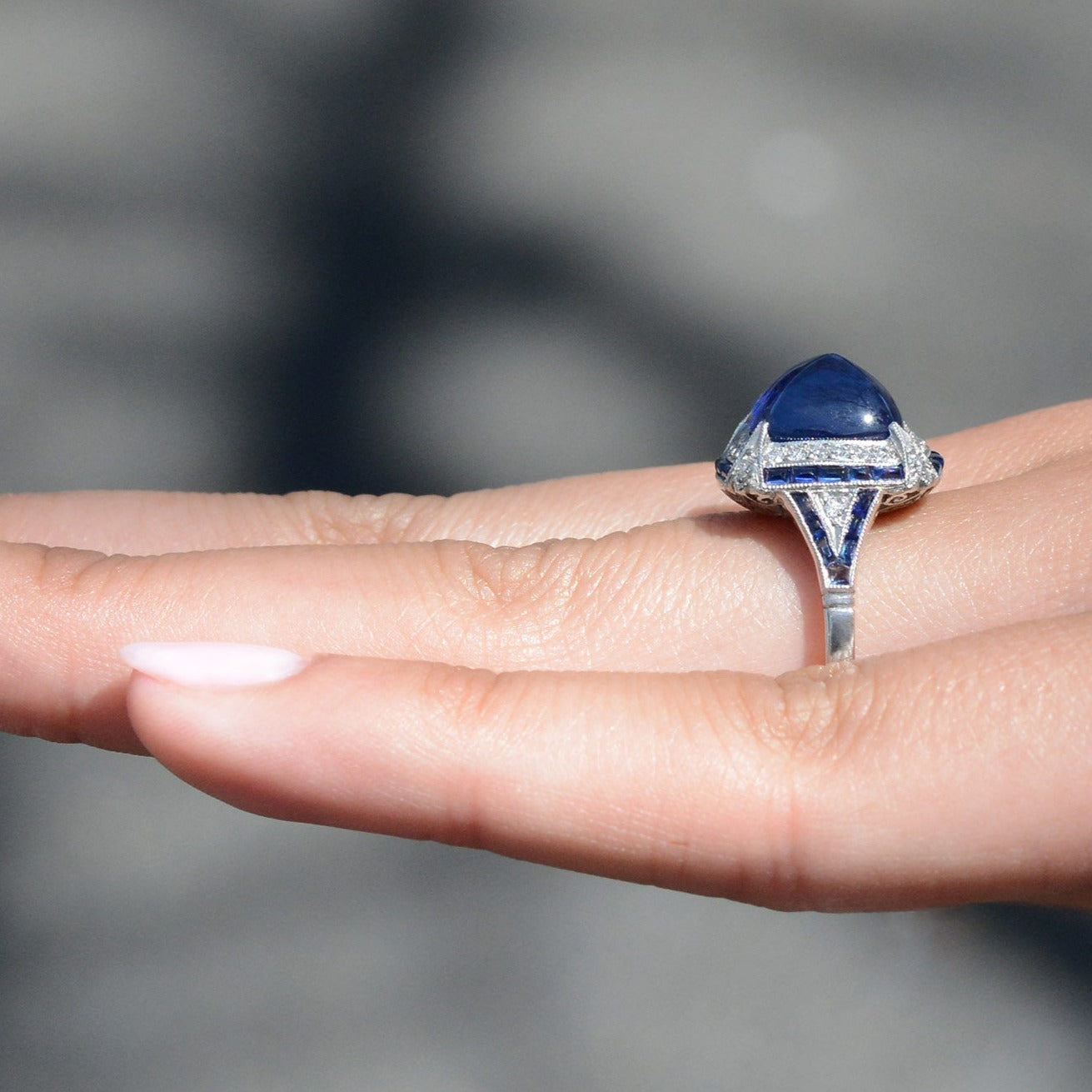 Art Deco Inspired 7 Carat Sugar Loaf Sapphire Diamond Ring