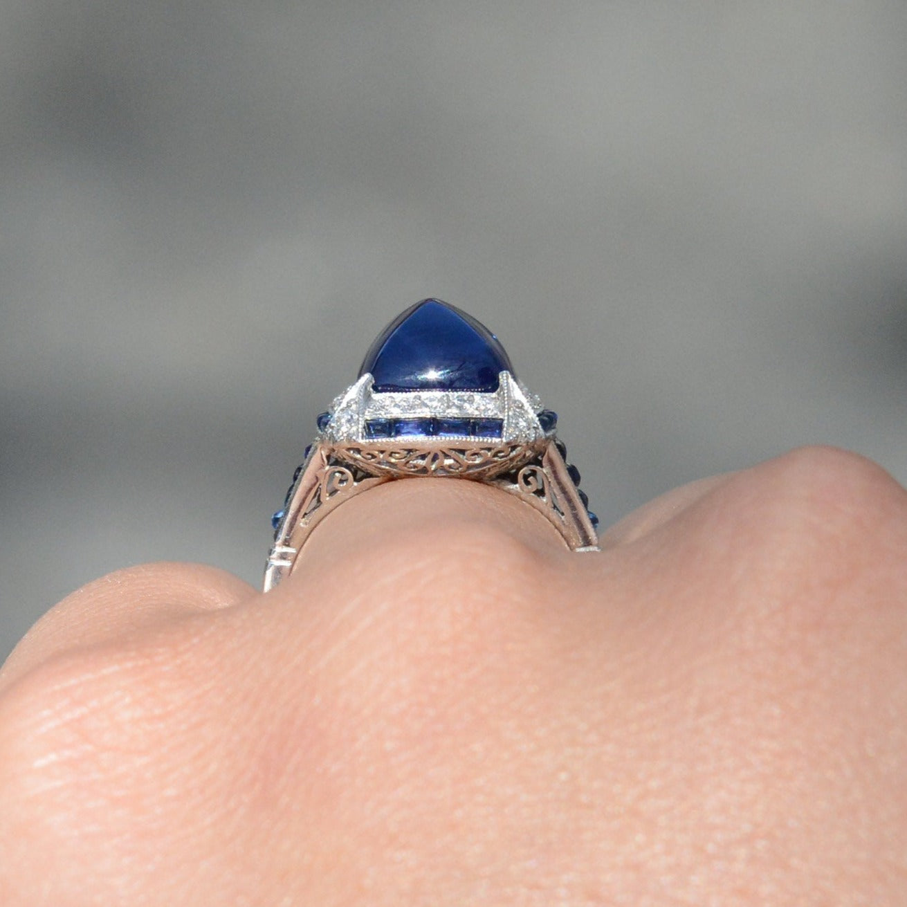 Art Deco Inspired 7 Carat Sugar Loaf Sapphire Diamond Ring