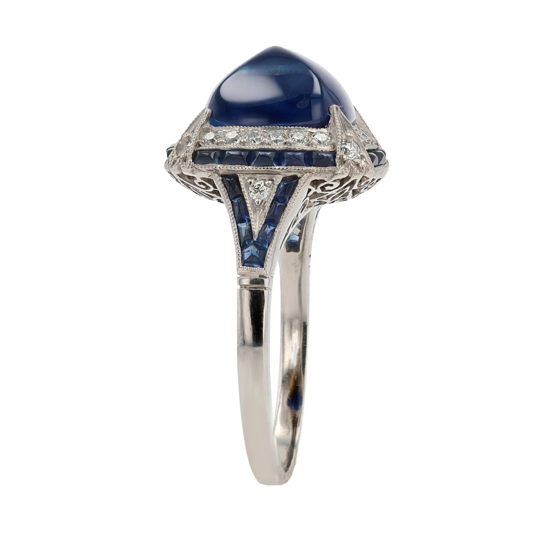 Art Deco Inspired 7 Carat Sugar Loaf Sapphire Diamond Ring