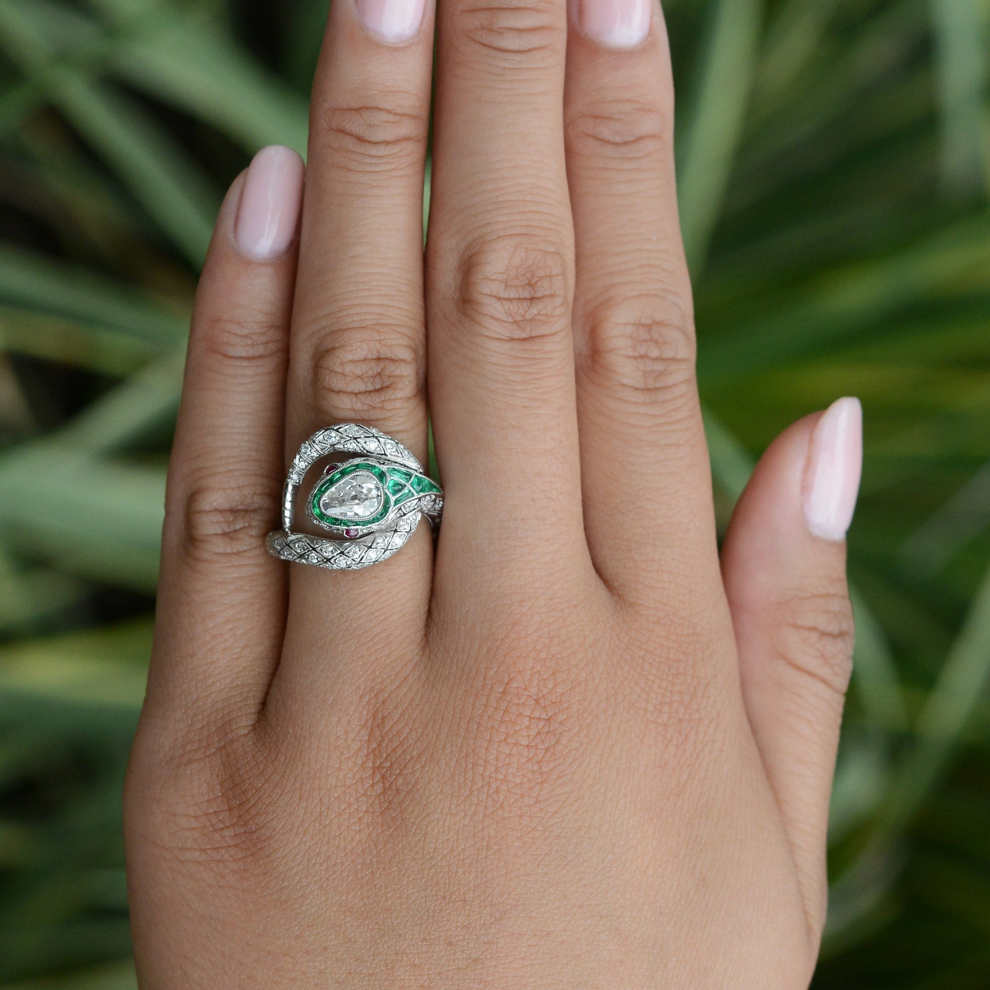 Art Deco Inspired Antique Diamond & Emerald Snake Ring