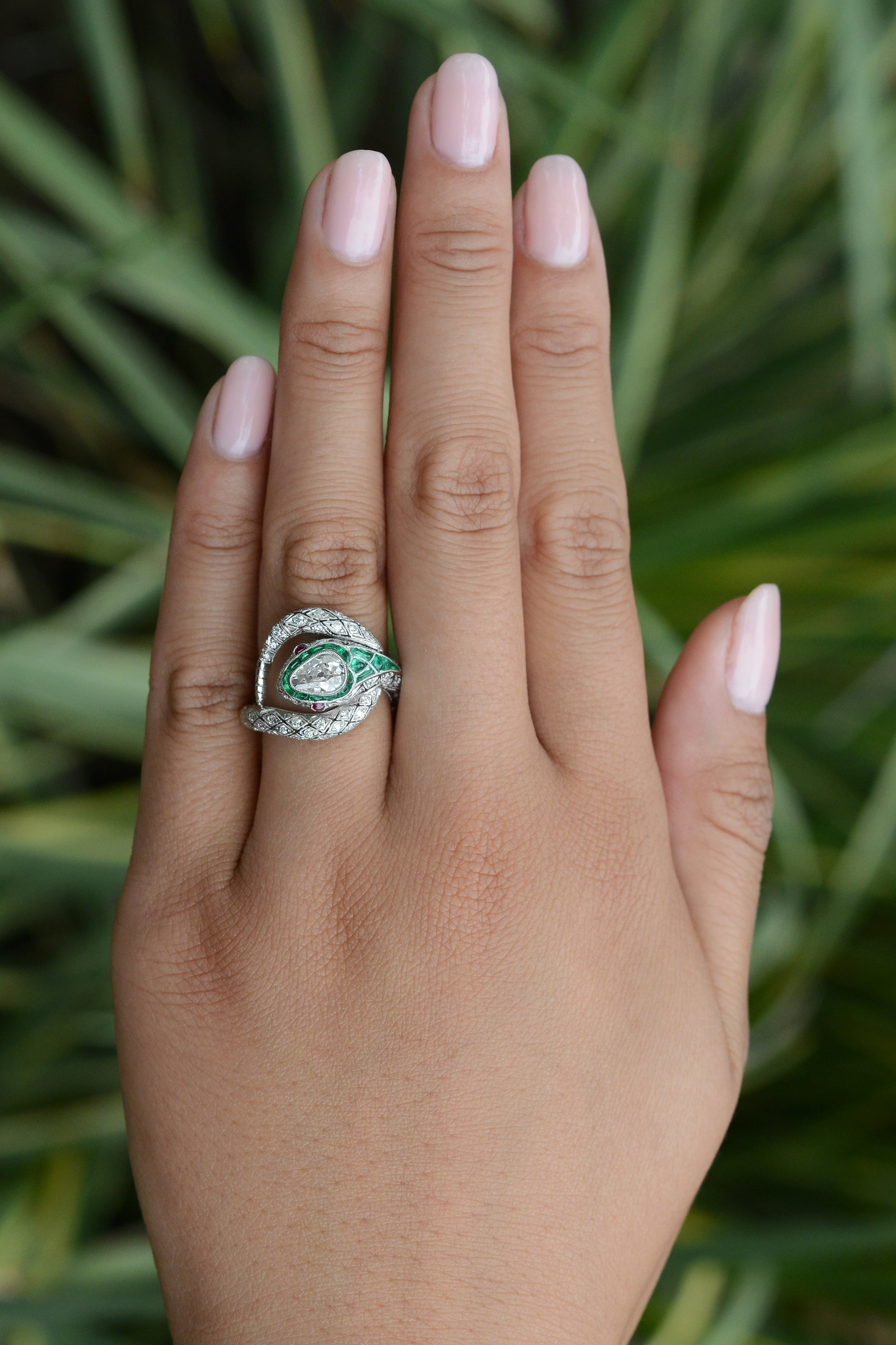 Art Deco Inspired Antique Diamond & Emerald Snake Ring