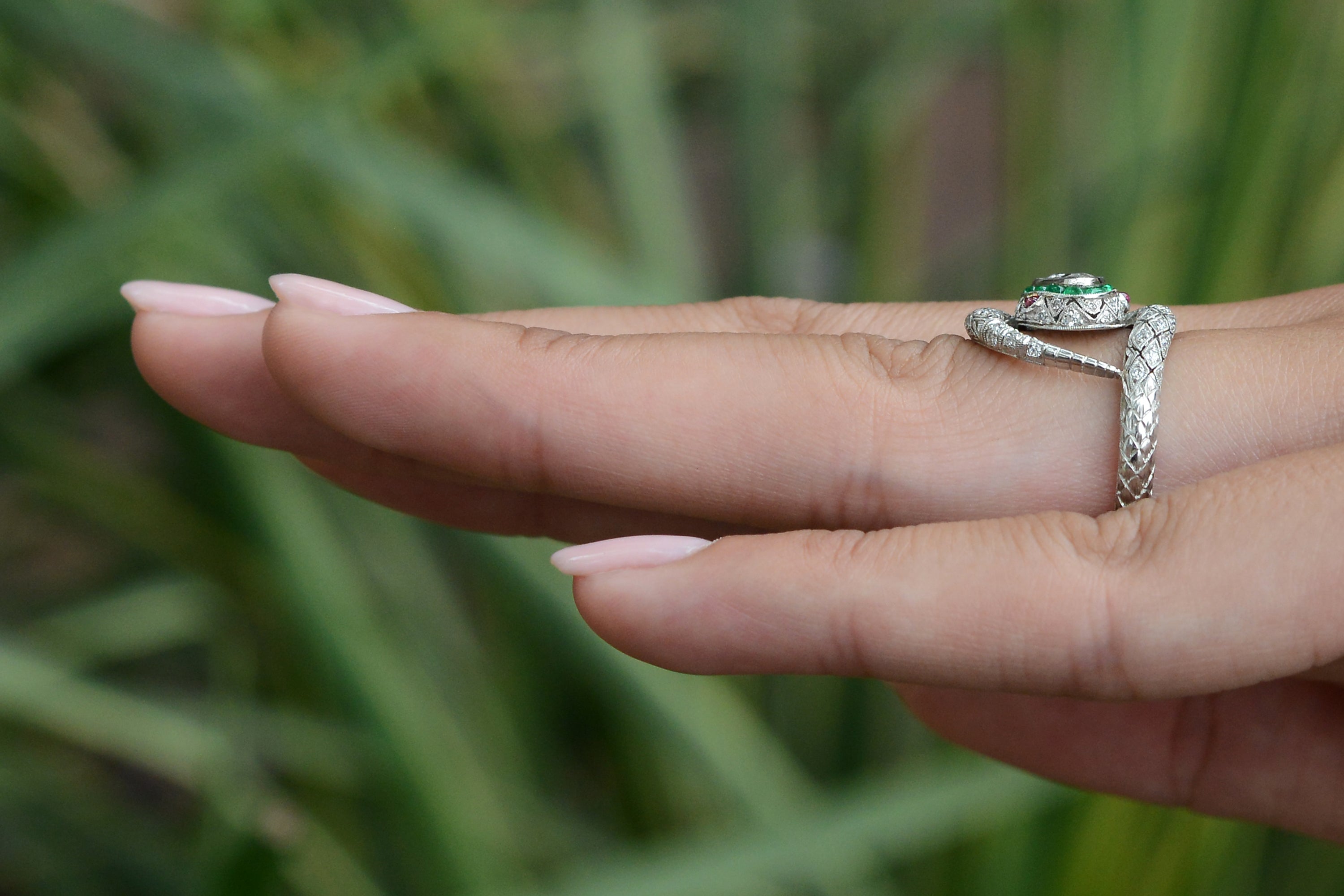Art Deco Inspired Antique Diamond & Emerald Snake Ring