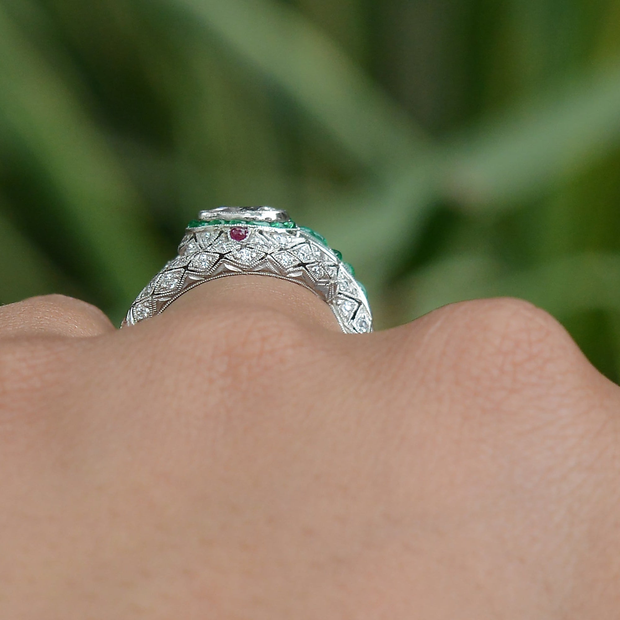 Art Deco Inspired Antique Diamond & Emerald Snake Ring