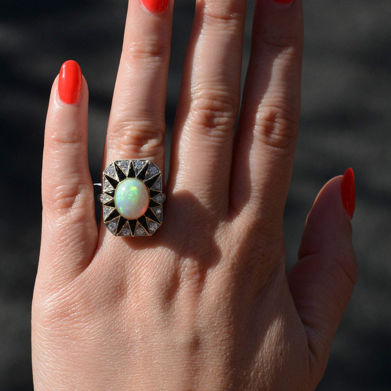 Art Deco Inspired Opal Diamond Onyx Sunburst Cocktail Ring