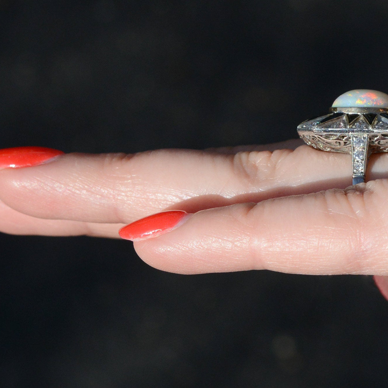 Art Deco Inspired Opal Diamond Onyx Sunburst Cocktail Ring