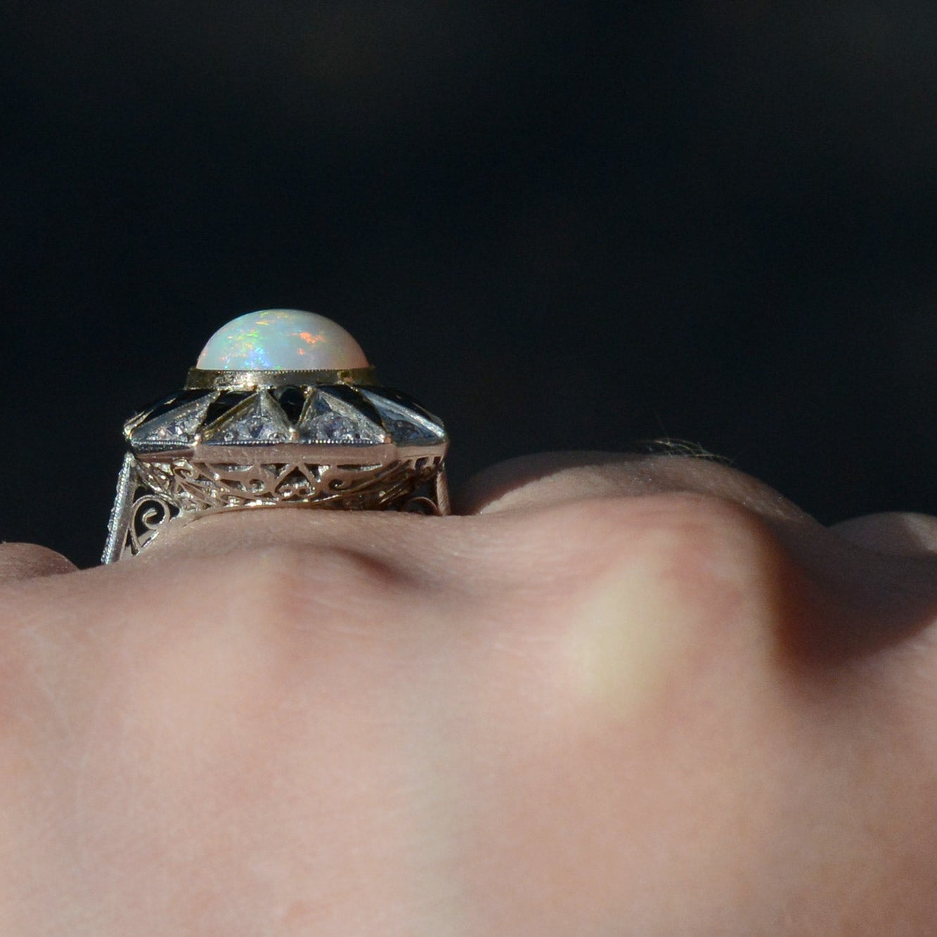 Art Deco Inspired Opal Diamond Onyx Sunburst Cocktail Ring