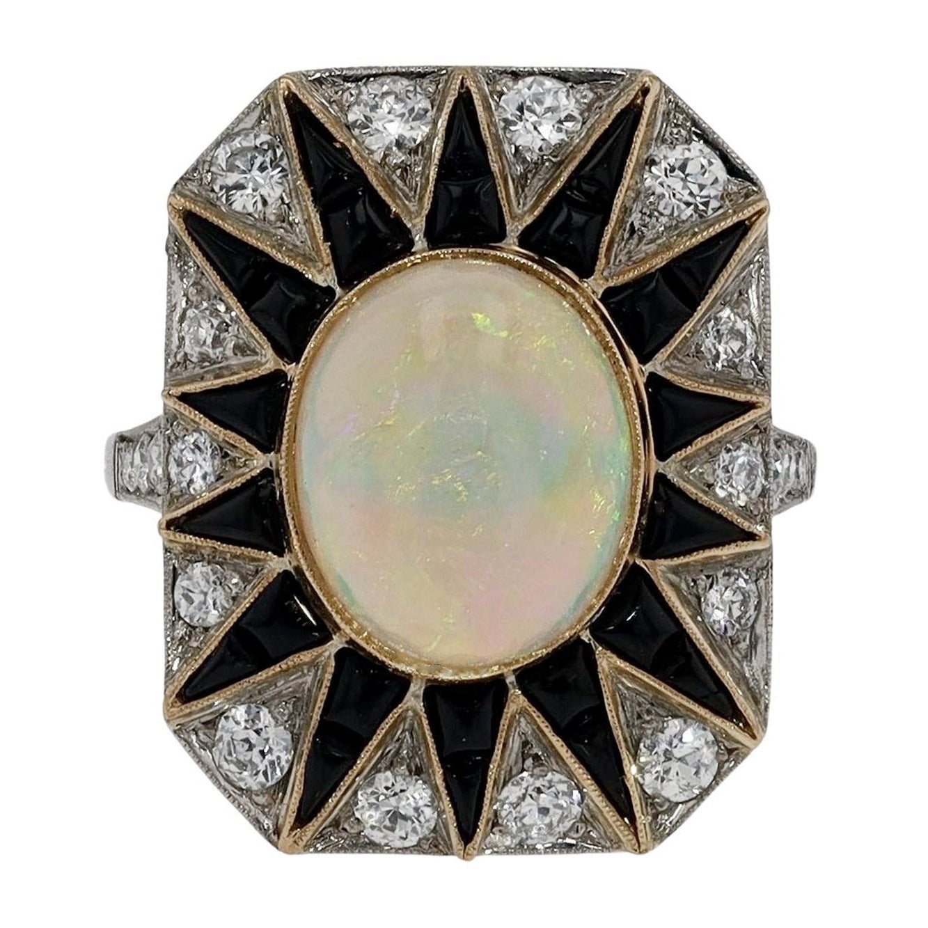 Art Deco Inspired Opal Diamond Onyx Sunburst Cocktail Ring