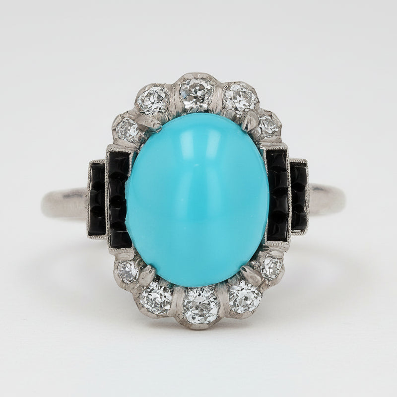 Art Deco Inspired Turquoise, Onyx and Diamond Cocktail Ring