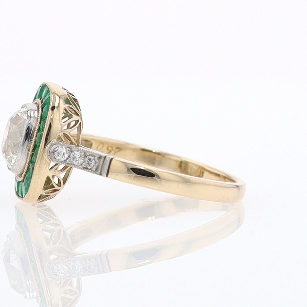Art Deco Old Mine Cut Diamond Emerald Antique Engagement Ring