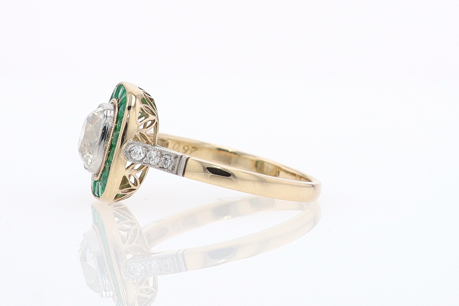 Art Deco Old Mine Cut Diamond Emerald Antique Engagement Ring