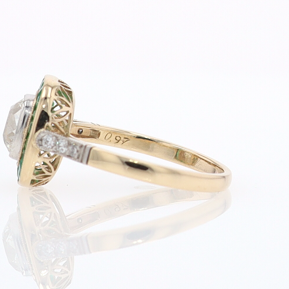 Art Deco Old Mine Cut Diamond Emerald Antique Engagement Ring