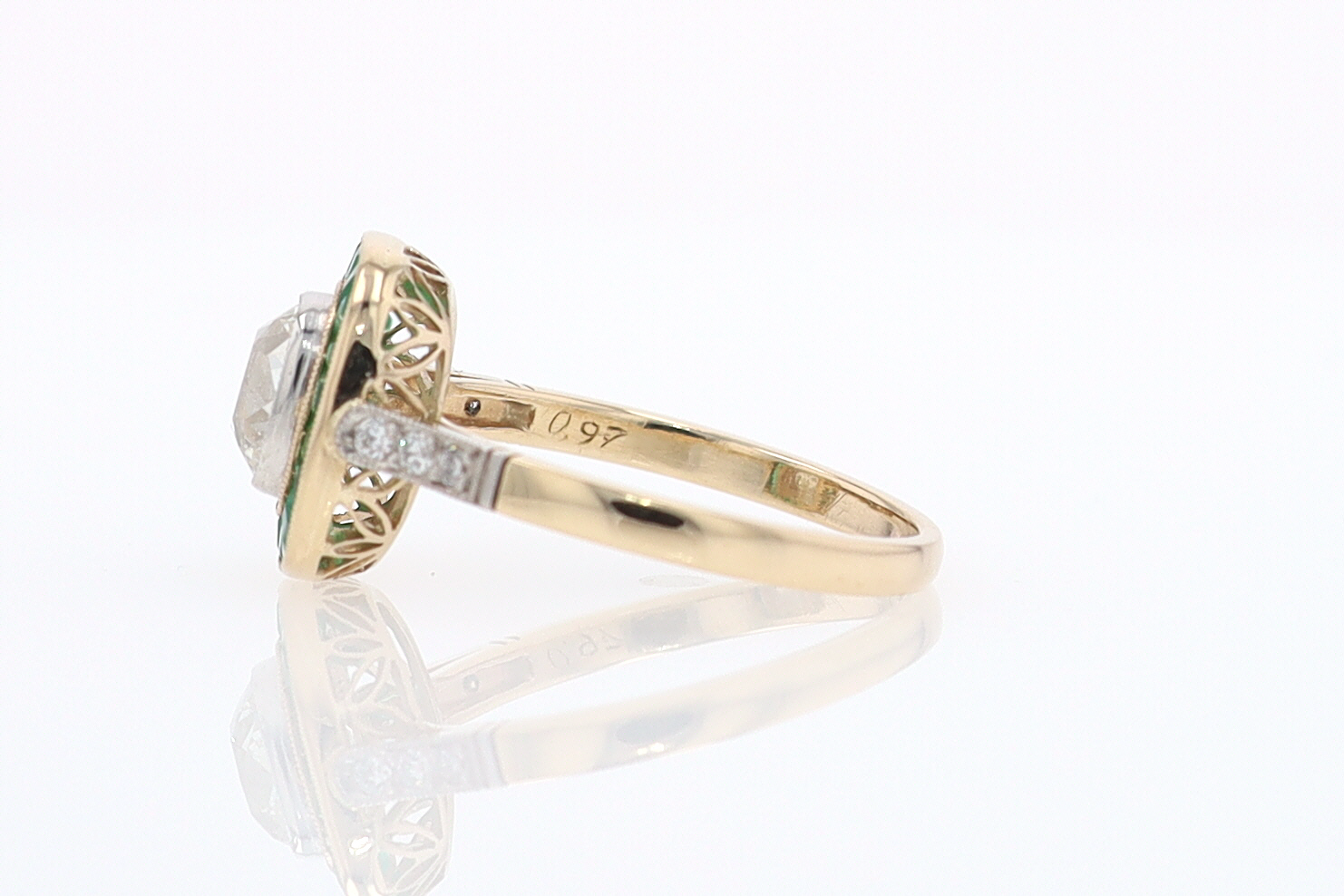 Art Deco Old Mine Cut Diamond Emerald Antique Engagement Ring