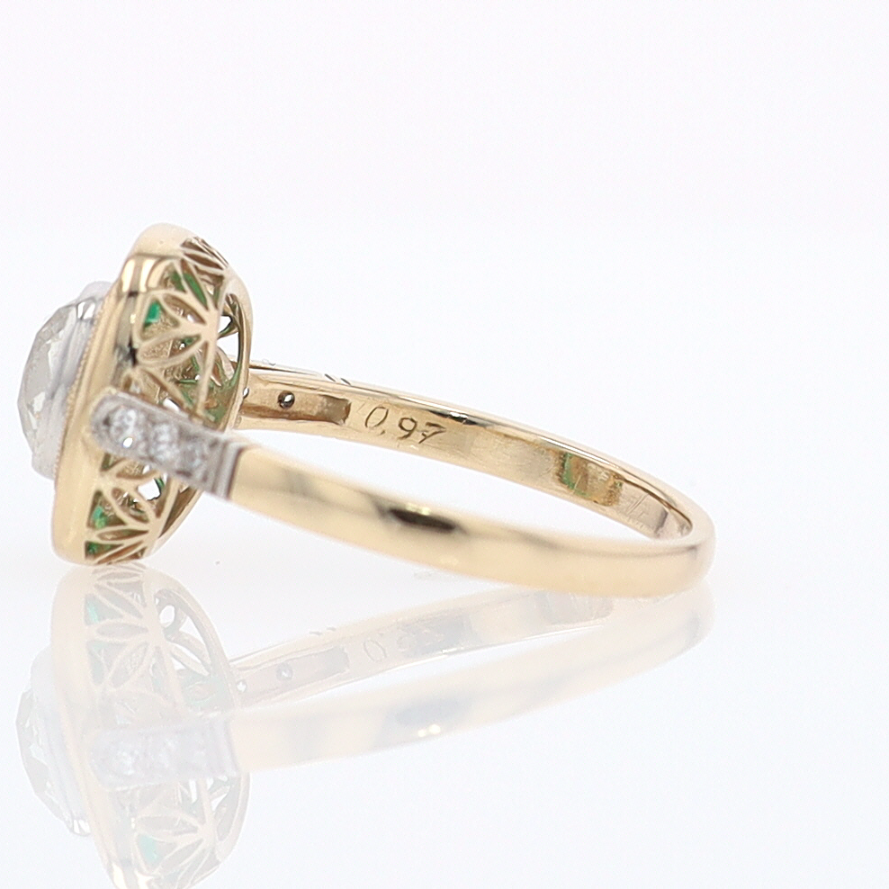 Art Deco Old Mine Cut Diamond Emerald Antique Engagement Ring