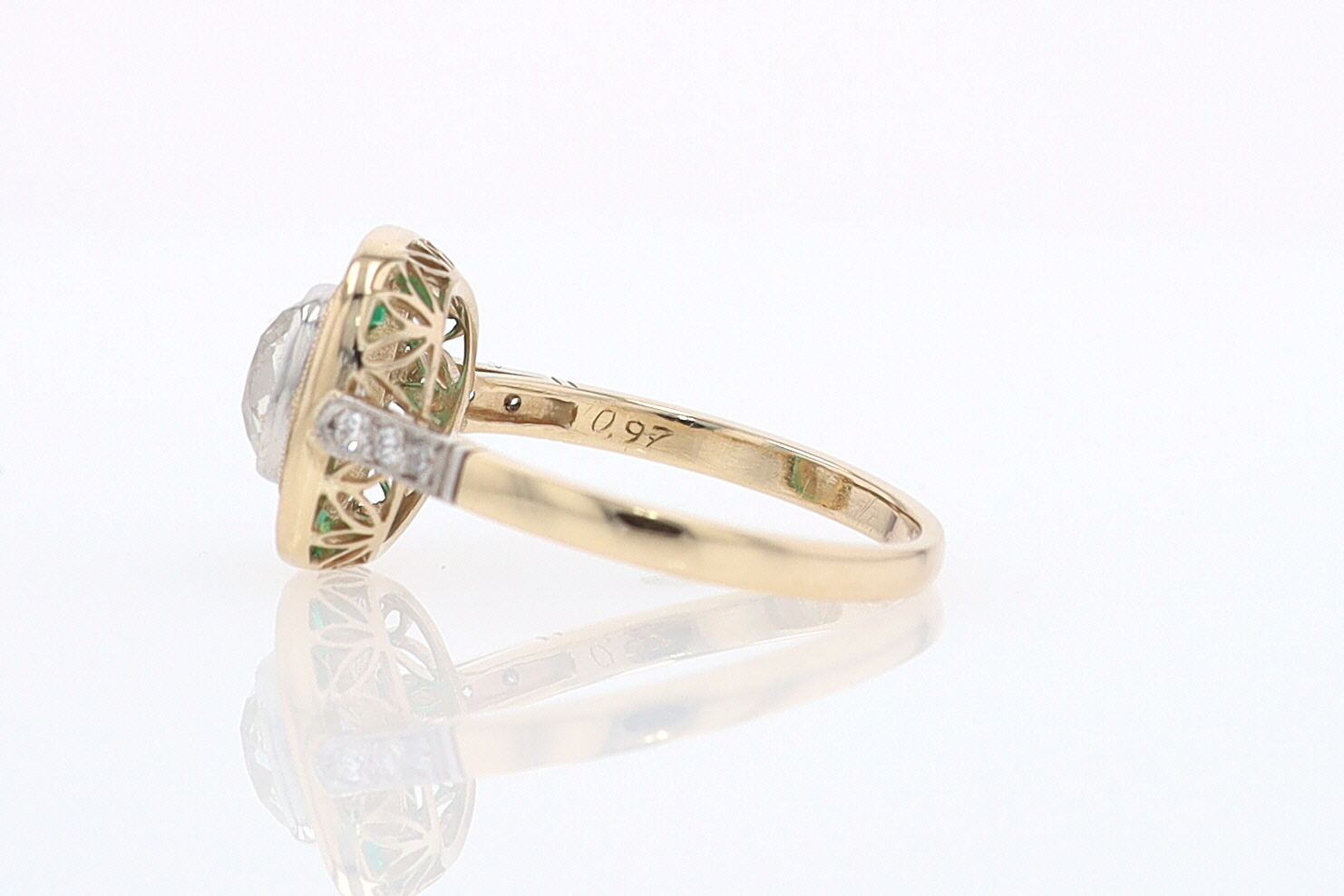 Art Deco Old Mine Cut Diamond Emerald Antique Engagement Ring