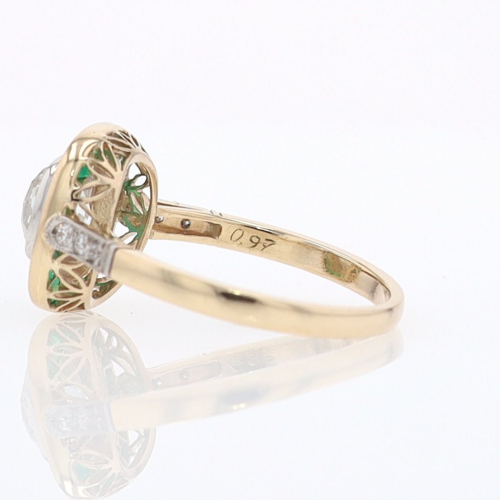 Art Deco Old Mine Cut Diamond Emerald Antique Engagement Ring