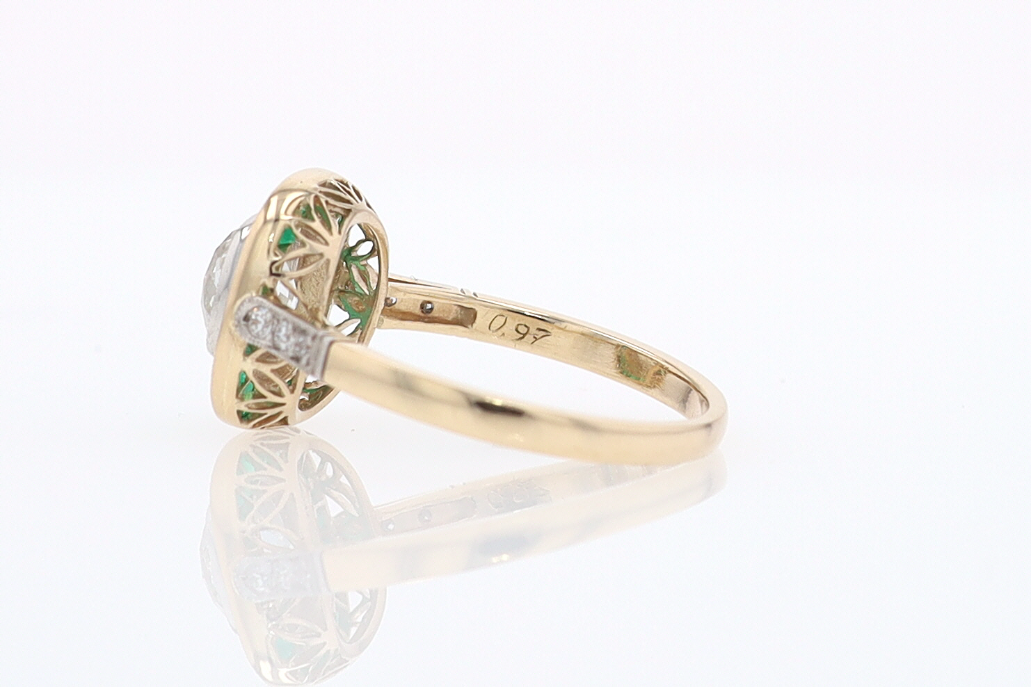 Art Deco Old Mine Cut Diamond Emerald Antique Engagement Ring