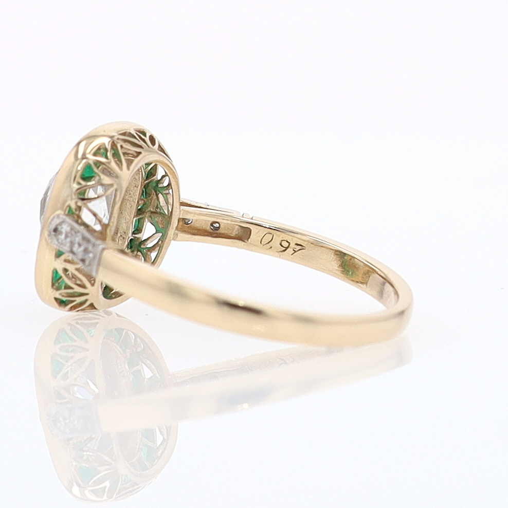 Art Deco Old Mine Cut Diamond Emerald Antique Engagement Ring