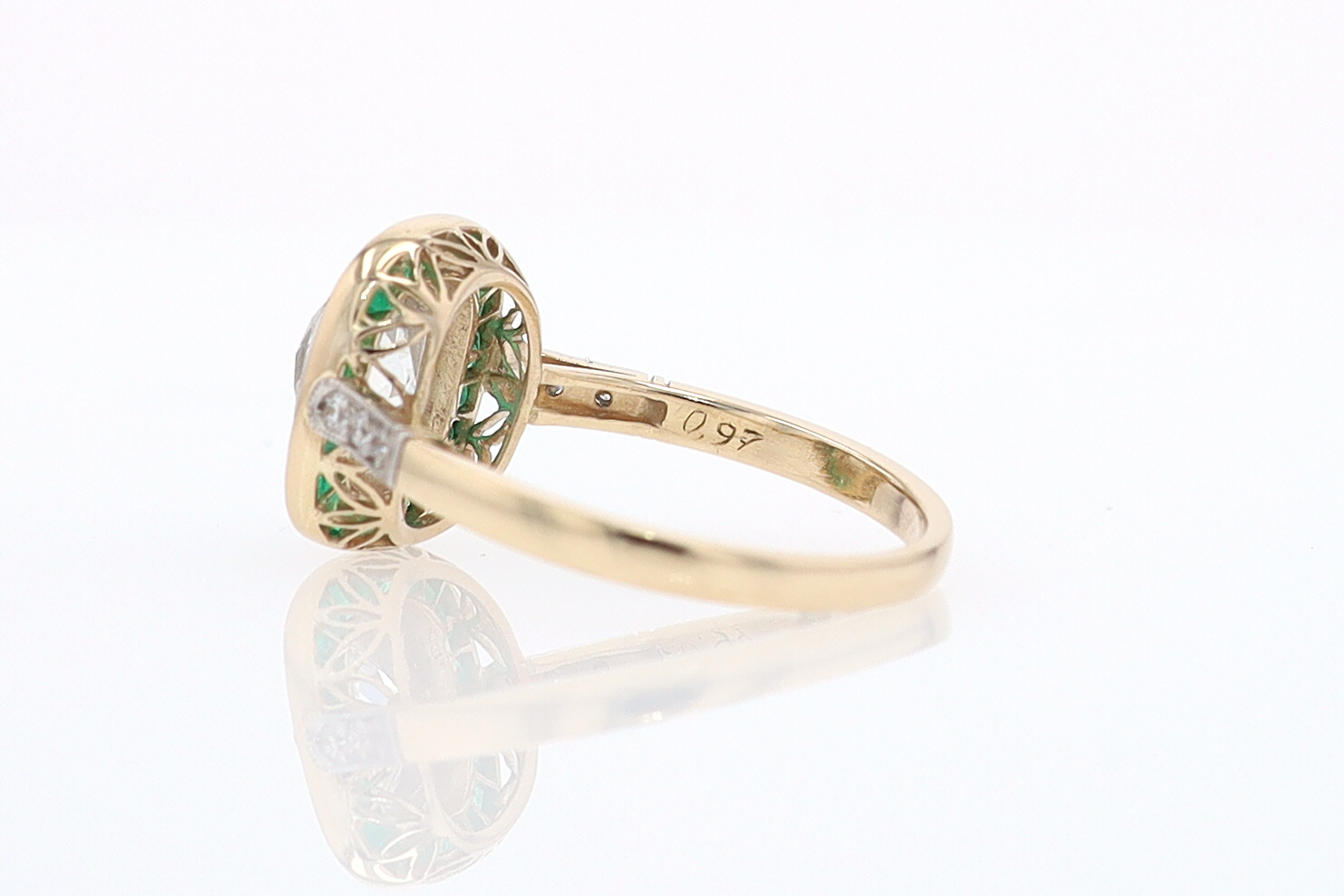 Art Deco Old Mine Cut Diamond Emerald Antique Engagement Ring