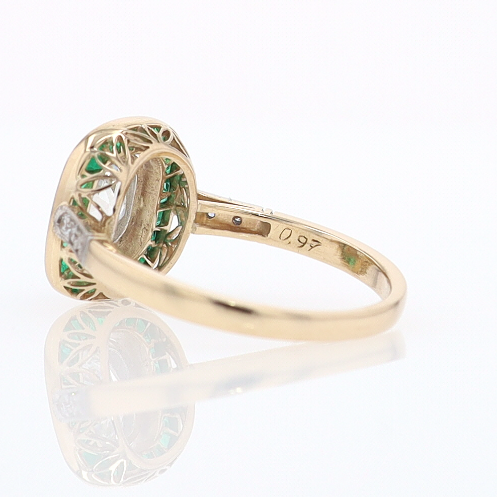 Art Deco Old Mine Cut Diamond Emerald Antique Engagement Ring