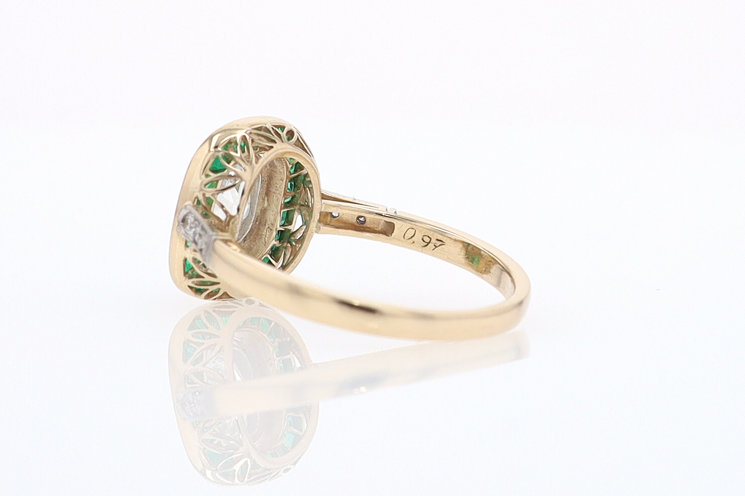 Art Deco Old Mine Cut Diamond Emerald Antique Engagement Ring
