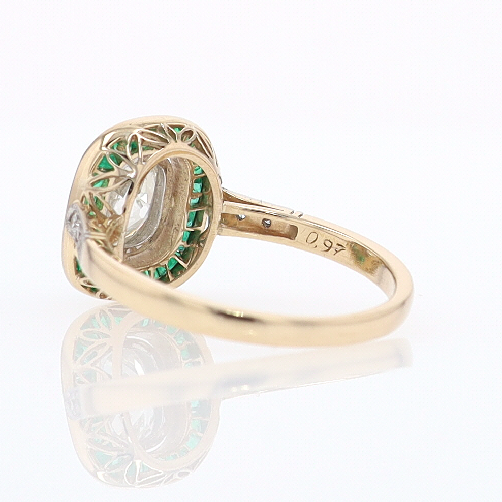 Art Deco Old Mine Cut Diamond Emerald Antique Engagement Ring