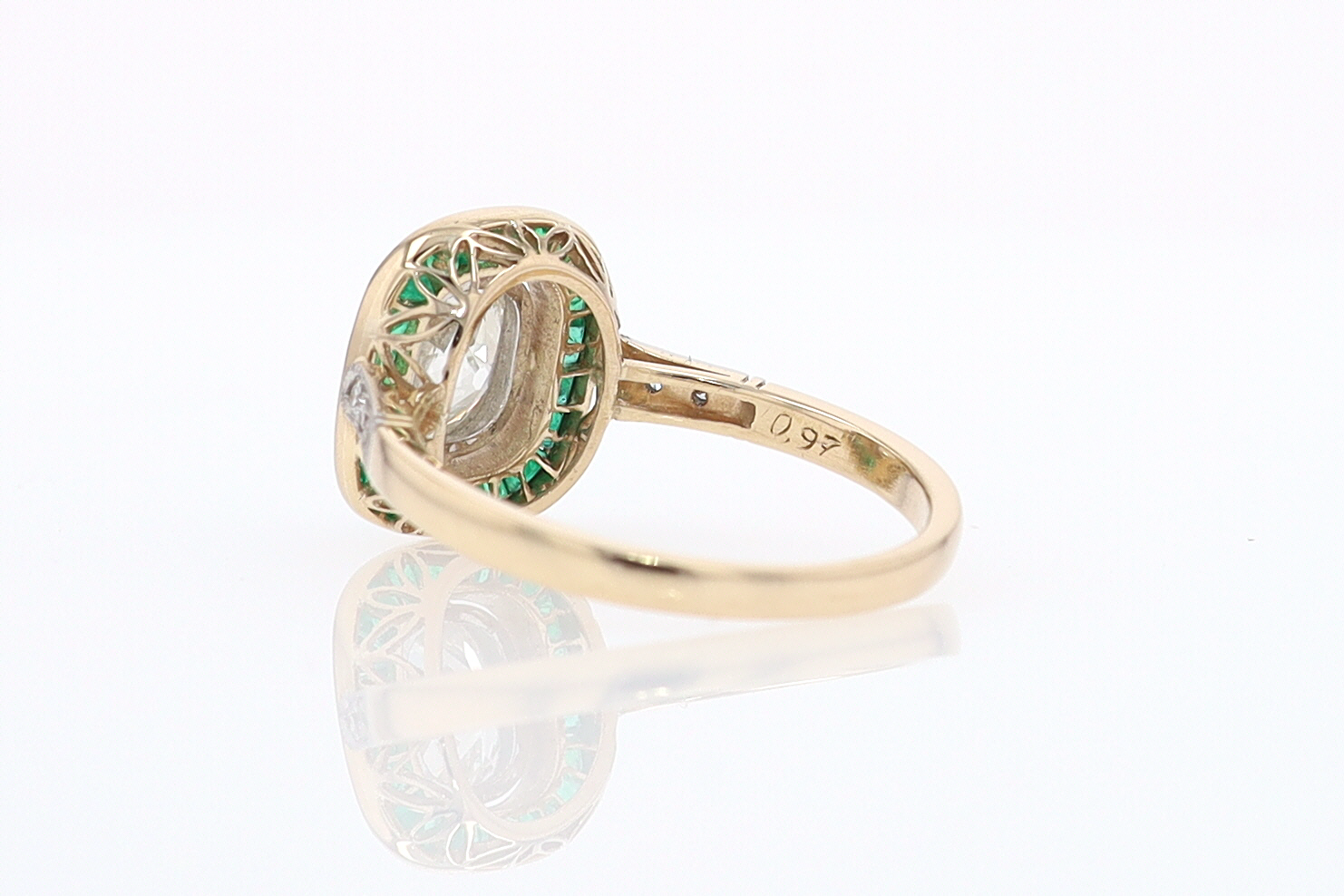 Art Deco Old Mine Cut Diamond Emerald Antique Engagement Ring