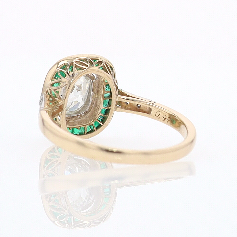 Art Deco Old Mine Cut Diamond Emerald Antique Engagement Ring